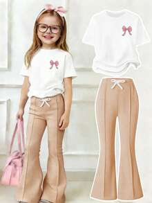 少女蝴蝶结卡通印花短袖上衣和喇叭裤套装 - 白色 - 查看 2