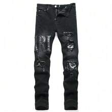 moda de la calle hombre jeans negro agujero con alfabeto bordado flexible revestimiento  jeans juveniles casual cómodo traje de moda - Negro - Ver 8