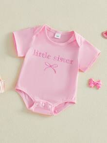 Mono de burbujas para bebé recién nacido, niña, manga corta, lazo bordado para hermana pequeña, camiseta extragrande, camisetas a juego para hermanos, atuendo para revelar el embarazo, ropa de verano - Rosa - Ver 6