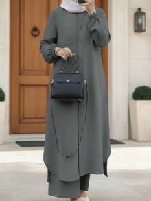 女士优雅休闲纯色纽扣设计灯笼袖长外套和长款阔腿裤套装，时尚休闲优雅可爱阿拉伯风格长裙两件套，适合春夏秋冬 - 深灰色 - 查看 3