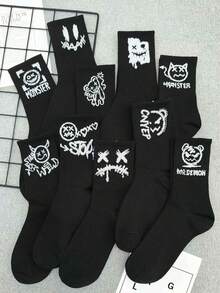 1/5/10双装随机混色男士卡通怪兽街头风黑白船袜，长款休闲袜，适合学生和情侣穿着，运动袜 - 黑色 - 查看 8