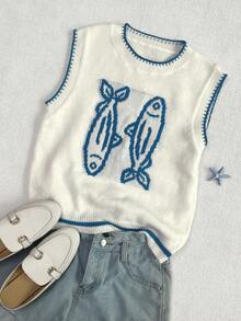 Camiseta de punto sin mangas con estampado de peces y ribete de color contrastante, para mujer, estilo casual de vacaciones, primavera/verano, color blanco - Blanco - Ver 8