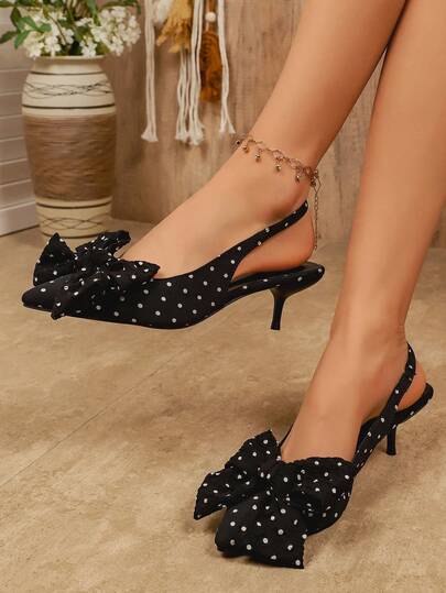 New Stylish Casual Comfortable Simple Black & White Polka Dot Bow Tie Versatile Work & Vacation Pumps For Mature Women