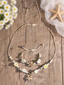 2pcs/Set Bohemian Ocean Holiday Style Ceramic Flower Necklace & Bracelet Set, Blue & Pink Sea Turtle Handmade Knotted, Suitable For Holiday Or Party Wear - Multicolor 2 - View 16