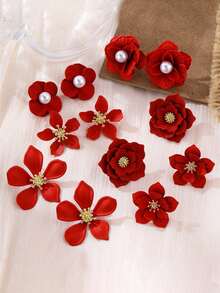 1 Pair/6 Pairs Metallic Painted Floral Earrings, Suitable For Women's Daily Wear, Festivals, Dates, Gifts, Matching Red Earrings For New Year