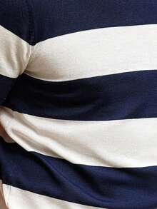 GRDR 男士休闲撞色条纹针织短袖衫 - 简约时尚日常穿着 - 藏蓝色 - 查看 5