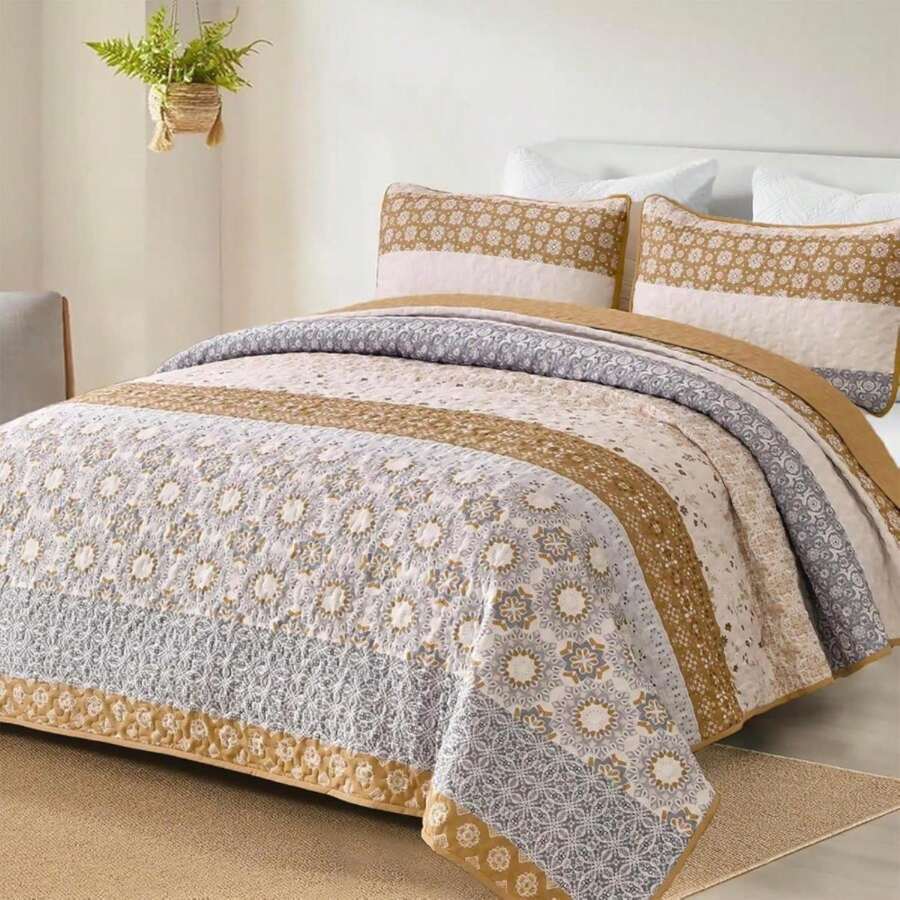 WONGS BEDDING Boho Quilt Set King, Yellow Bohemian Striped Patchwork Bedspread Coverlet Set With 2 Pillowcases,Lightweight Microfiber Floral Bedding Set 104"*90" - MàuD - Xem 1