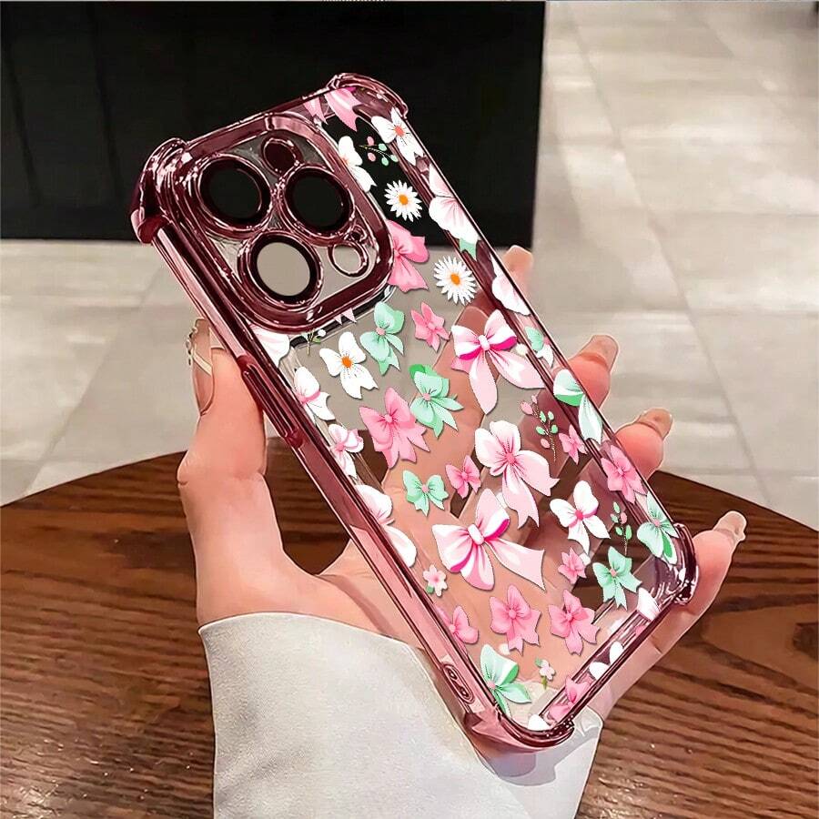 1pcs Pink Green Bowknot Floral Phone Case Compatible with Apple Phone17 16 15 14 13 12 11 ProMax Antidrop Phone Case Camera Protection Phone Case Girlish Style Light Luxury Style Cute Elegant Can Be Given To Friends Can Be Given To A Lover - Rosa - Ver 1