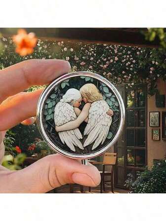 1pc Portable Round Metal Pill Box, 3 Compartments - Angel Design, Suitable For Travel, Health Storage Or Gift, Decorative Medication Organizer, Pill Case