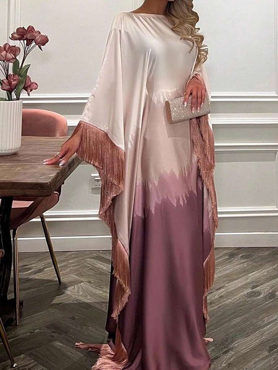 这款女士优雅经典粉色渐变印花流苏袖波西米亚风长袍，尽显优雅精致的风格，适合所有季节和文化活动。 - 粉色 - 查看 1