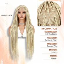 32英寸盒式辫假发，三角形盒式辫假发，蕾丝前额无结编织合成假发，预先拔毛并带有婴儿发