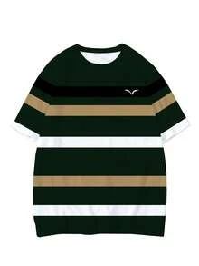 Plus Size Men Casual Sports Round Neck T-Shirt, Polyester Knit Fabric Comfortable Breathable, Versatile Daily Casual Sports Striped Series "Multicolor Plaid With Bird" Graphic Novelty Top - Multicolor - View 2