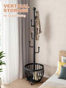 Tree Coat Rack Stand With Clothes Basket, Sturdy Freestanding Coat Rack, Purse Rack Hat Rack Stand, Clothes Rack With Metal Frame, Bedroom Storage Organizeration, Home Decor, Morden Style, Coat Stand Fits Entryway Bedroom Office For Bags, Hats - 黑色 - 查看 2