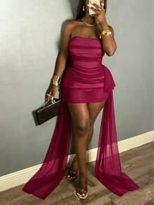 Vestido mini de malla transparente sin espalda con cinturón de cintura fluido y cola - Vestido de gala para fiesta de Navidad, invitada de boda, baile de graduación, Navidad, Nochevieja para mujer - Rosa Fucsia - Ver 6