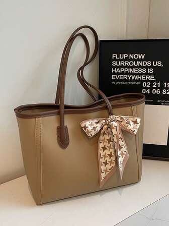 Fashionable Solid Color Scarf Decor PU Tote Bag, Large Capacity Commuter Vintage Minimalist Shoulder Bag, Versatile Handbag Suitable For Women