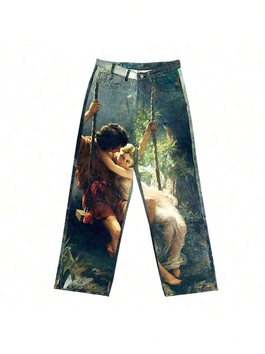 2025 Nuevos Jeans de Otoño Invierno para Hombre, Impresión de Calle, Patrón de Impresión Digital 3D, Salpicaduras de Tinta, Tie Dye, Pantalones de Mezclilla de Pierna Recta, Moda Casual - Azul lavado medio - Ver 1