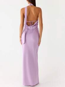 Women Scarf Maxi Dress Silk Halter Neck Tie Up Backless Bodycon Dress Cowl Back Draped Party Wedding Guest Cocktail Dresses With Neck Scarf - 紫色 - 查看 6