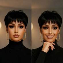 女士巴西 Remy 真人发假发 | 5 英寸自然短直发精灵头带刘海 - 180% 密度，无胶玫瑰网帽，无需维护，瞬间蓬松自然，敏感头皮友好，日常佩戴短发替代品。 - Natural Black - 查看 9