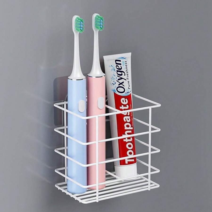 Adhesive Toothbrush Holder Wall Mounted, Suction Toothpaste Organizer Cup For Shower, Razor Holder Caddy Tray Storage Stand With Drainage, White Restroom Bathroom Accessories And Decor - trắng - Xem 1