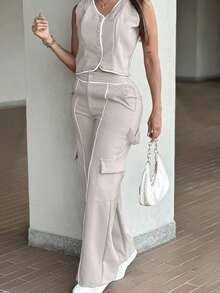 2pcs/Set Women's Spring/Summer Commuting Casual Outfit, Front Button Sleeveless Vest & High Waist Straight Leg Pants With Zipper & Button Pockets Elegant - Apricot - View 3