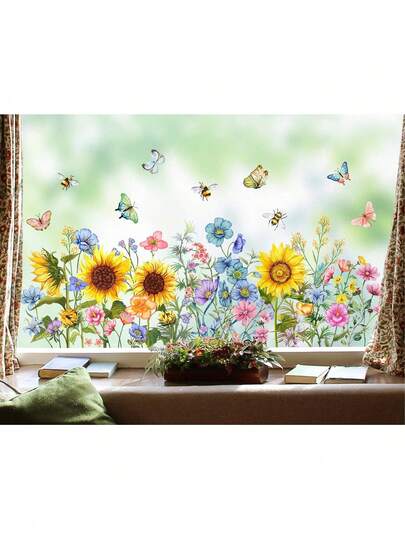 Flower Window Clings, Sunflower Window Clings, Floral Window Clings Double-Sided Bright Colors, High-Quality Static Cling Vinyl, Durable Reusable No Residue For Cars Glass Windows