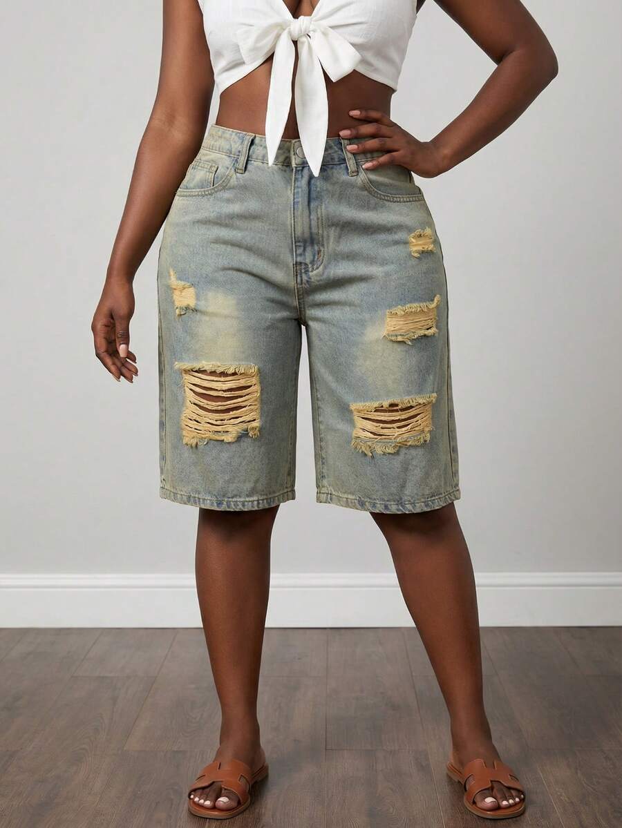 Jkorea Women's High Waisted Heavily Distressed Bermuda Shorts - Vintage Ripped Knee Length Denim Shorts Aesthetic Streetwear - 懷舊 - 查看 1