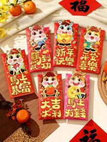 6 pièces - Enveloppes rouges mignonnes pour le Nouvel An chinois 2026, Année du Cheval, grands paquets créatifs Lai See - Multicolore - Voir 4