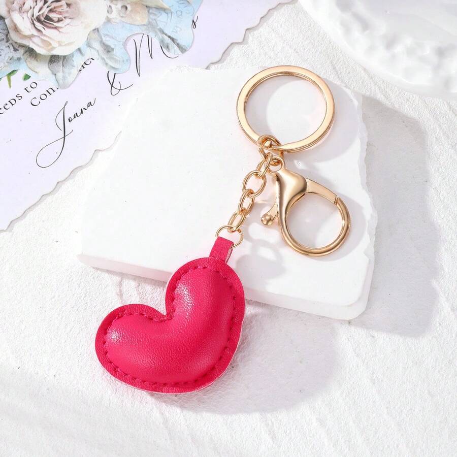1pc Unisex Minimalist Leather Heart Shaped Keychain, Pendant, Couple Gift, Bag Charm - Hot Pink - View 1