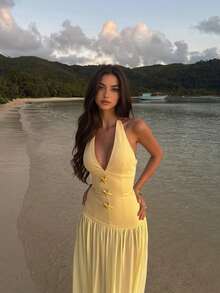 Women's Casual Elegant Deep V-Neck Halter Vacation Beach Party Dress - Yellow - View 6