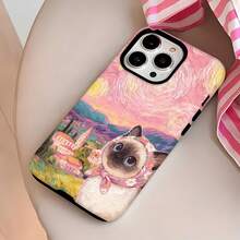 Pintura caprichosa de gatos inspirada en La Noche Estrellada de Van Gogh. Esta elegante funda es compatible con los modelos  17, 16, 15, 14 Pro Max, 13, 12, 11, XR y XS Plus. Fabricada en silicona TPU, ofrece protección contra golpes y caídas, además de una sensación superior. Es un regalo ideal para familiares, amigos y seres queridos, y una opción perfecta para Año Nuevo. - Blanco - Ver 2
