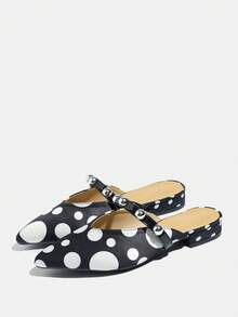 加大码女式波点铆钉黑色尖头粗跟拖鞋，2026新款透气露趾凉拖，适合搭配连衣裙、休闲装，夏季穿着 - 黑色 - 查看 20