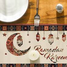 1 Stück Ramadan Tischläufer, klassisches Halbmond-Blumen-Muster, Eid Dekoration, Tischläufer aus Kunstleinen, Bauernhaus Dekor Schrank Flagge, Ramadan & Eid Feiertags Tisch Dekoration, geeignet für Festivalpartys, Bauernhaus Küche und Catering Dekoration - Verschiedenfarbig - Übersicht 7