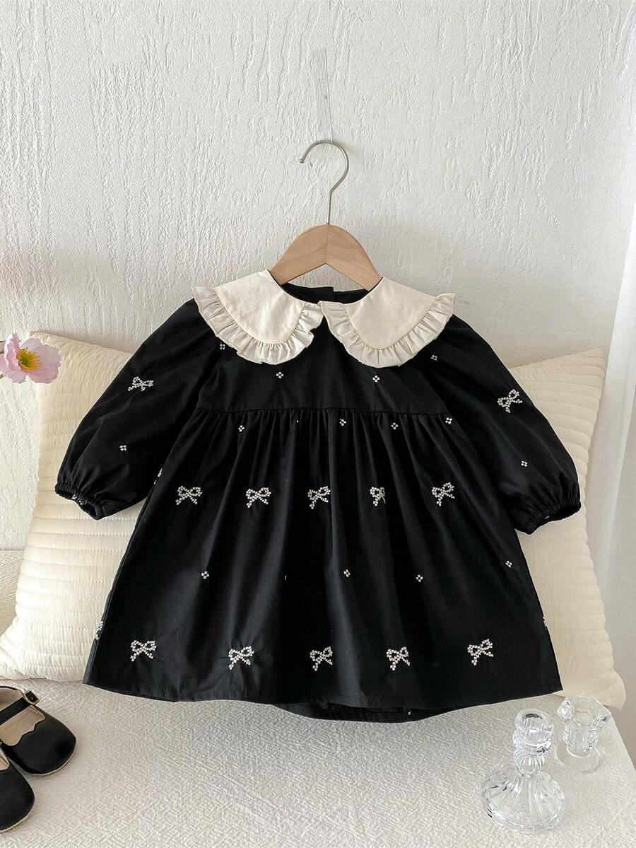 1pc Girls Black Collar Bow Embroidered Casual Dress, Fashion For Young Girl, Spring