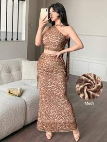 abyoxi 女士棕色豹纹网纱拼接吊带露脐上衣，配荷叶边腰带，搭配高开衩褶裥长裙两件套，性感优雅，狂野复古，适合约会、派对、休闲度假、晚宴等场合，春夏露脐上衣搭配长裙套装 - 棕色 - 查看 5