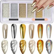 Gold Silver Chrome Nail Powder, 6 Colors Holographic Unicorn Iridescent Nail Chrome Powder, Metallic Mirror Effect Light Gold Champagne Chrome Powder Palette Pigment Glitter For Nail Art - 黃金和白銀 - 查看 2