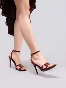 Giày sandal cao gót phối nhiều màu sắc thời trang, giày dự tiệc mũi nhọn hở mũi gợi cảm, giày cao gót gót nhọn màu đỏ rượu vang siêu cao dành cho nữ, trang phục mùa xuân hè. - Màu Đỏ Sâu - Xem 10