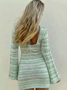 2026 Women's Spring/Summer New Fashionable Elegant French Striped Backless Knit Mini Green Dress, Suitable For Daily, Dating, Commuting, Beach Vacation, Spring Dress, Women's Valentine's Day, Summer Outfit, Women's Concert Outfit, Streetwear, Carnival Outfit, Women's Cruise Wear, Women's Beach Outfit, Women's Vacation Outfit - Mint Green - View 6