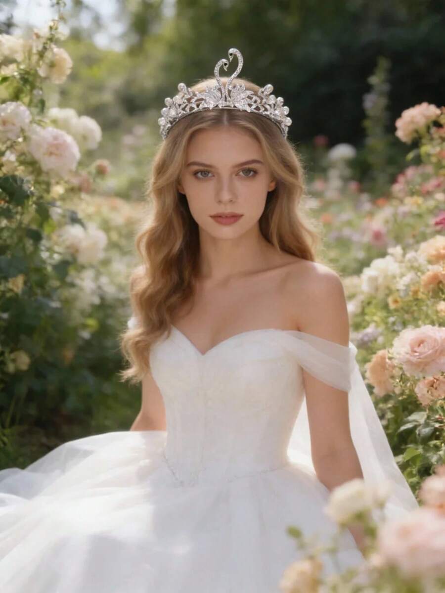 1pc Elegant Women's Silver Rhinestone Faux Pearl Crown, Bridal Wedding Headpiece, Accessories - Silver - View 1