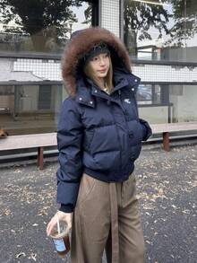 Winter Fashion Women's Hooded Fur-Lined Down Cotton Jacket, Daily Commuting Loose Casual Parka, Simple And Versatile Women's Coat - 藏蓝色 - 查看 3