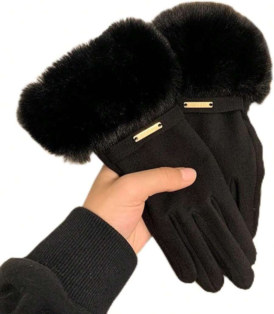 Autumn Winter Woman Warmth Plush Touchscreen Windproof Warm Cycling Outdoor Daily Use Gloves - 米色 - 查看 1