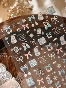 1片冬日梦幻雪人蝴蝶结美甲贴纸，美甲师必备，3D立体压纹箔片设计，卡通雪人和雪花美甲装饰，美甲用品，自粘可重复使用美甲贴纸，女士礼物，美甲护理，优雅美甲配饰礼品 - 淺藍色 - 查看 8