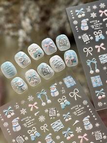 1片冬日梦幻雪人蝴蝶结美甲贴纸，美甲师必备，3D立体压纹箔片设计，卡通雪人和雪花美甲装饰，美甲用品，自粘可重复使用美甲贴纸，女士礼物，美甲护理，优雅美甲配饰礼品 - 淺藍色 - 查看 2