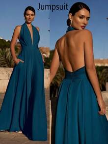 Solid Color Knit Backless Jumpsuit For Wedding, Holiday, Party - Teal Blue - View 1