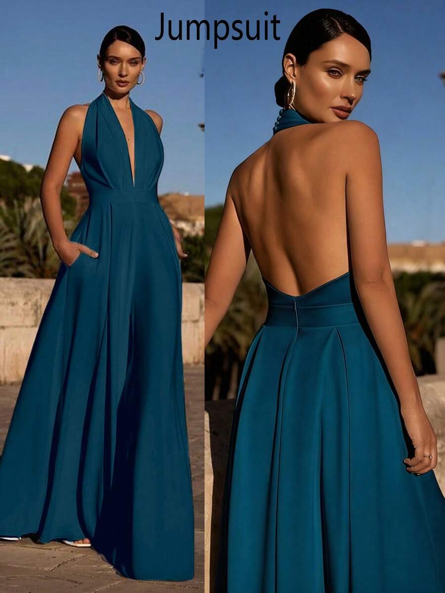 Solid Color Knit Backless Jumpsuit For Wedding, Holiday, Party - Teal Blue - View 1