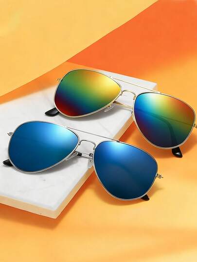 2pcs Classic Unisex Gold-Band Colored Lens Stylish Glasses Suitable For Cycling And Driving