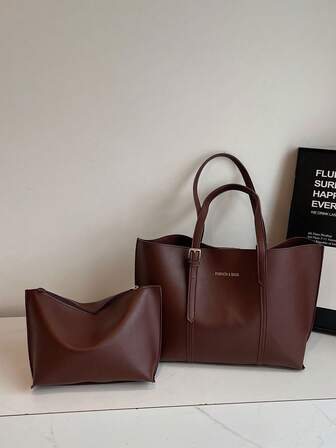 2 piezas Bolso de hombro de gran capacidad de moda de unicolor con bordado de hilo y cierre a presión para mujeres