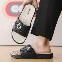 Men's No. 23 Sports Slide Sandals - Summer Outdoor Non-Slip Thick Sole Slippers, Suitable For Home, Bathroom, Beach, With Adjustable Hook And Loop, Available In Plus Size - Black - View 1