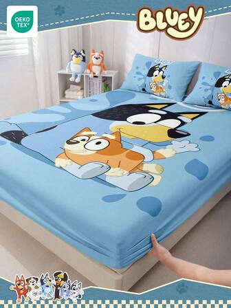  Bluey Cartoon Digital Print Bedsheet, Bluey Bedding, Mattress Protector, Bed Cover, Fitted Sheet, Comfortable Home Textile, Cool-Toned Fitted Sheet, Breathable Anti-Pilling Mattress Protector, Soft & Skin-Friendly, Bluey Spanking Pattern, Cartoon Pattern Bed Cover, Bluey Home Decor, Note: Bedsheet Does Not Include Pillowcase