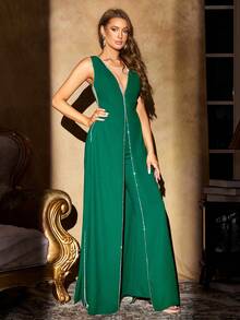 Diamond Chain Decor Deep V-Neck Sleeveless Split Hem High-End Formal Pants - Dark Green - View 1