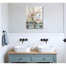 Arte de pared en lienzo azul para baño, decoración de pared de imagen de casa de campo rústica, pintura de flores silvestres rosadas para lavandería, pósteres impresos, obras de arte para decoración del baño - transparente - Ver 6
